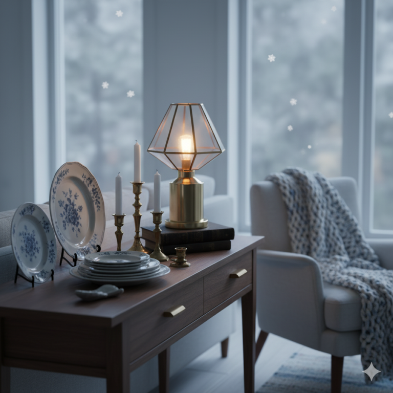 Présentation d'objet vintage sur une console