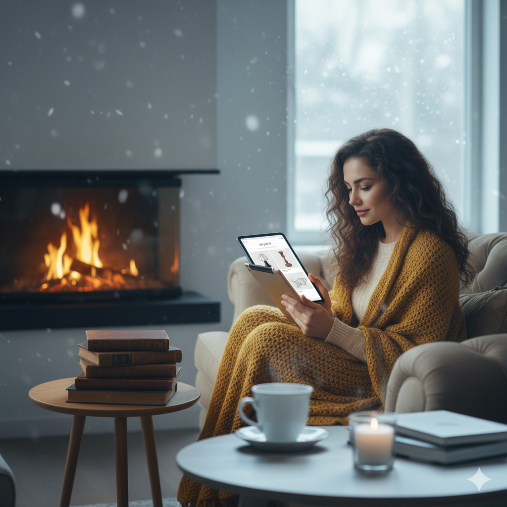 Une femme qui parcours l'écran de sa tablette, installée dans le salon