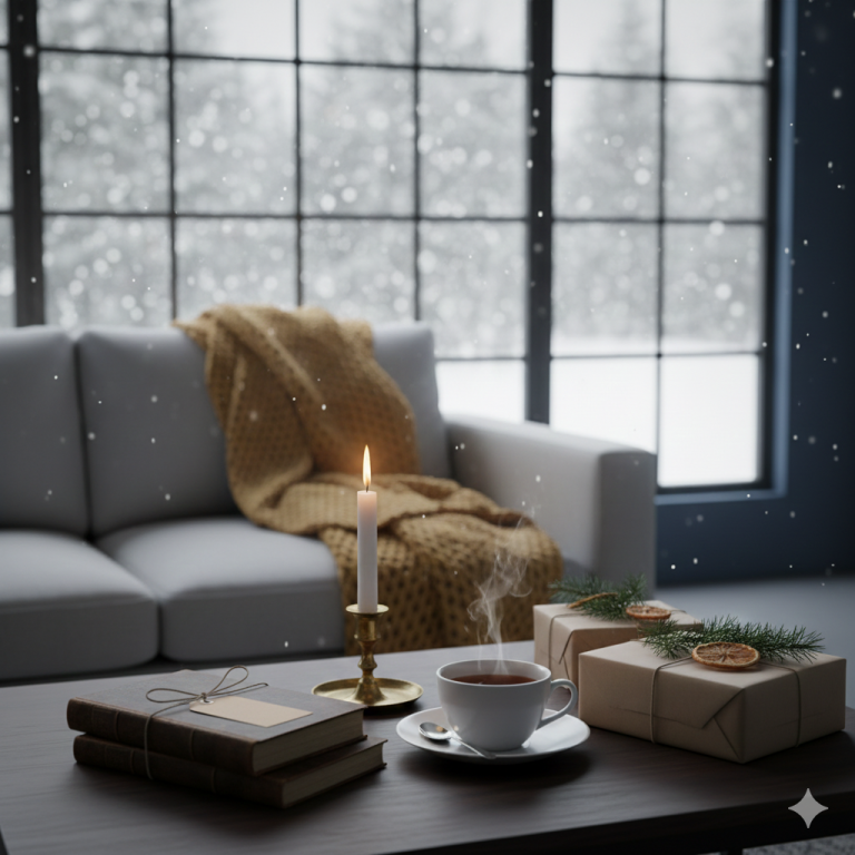 Intérieur cosy en hiver avec des cadeaux posés sur une table base