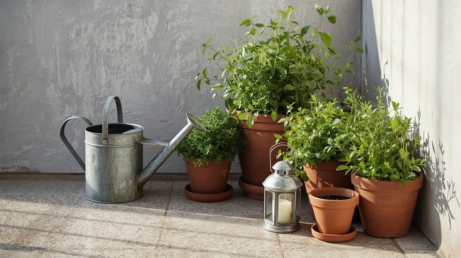 Terrasse avec des pots en terre cuite, un arrosoir en zinc et une lanterne