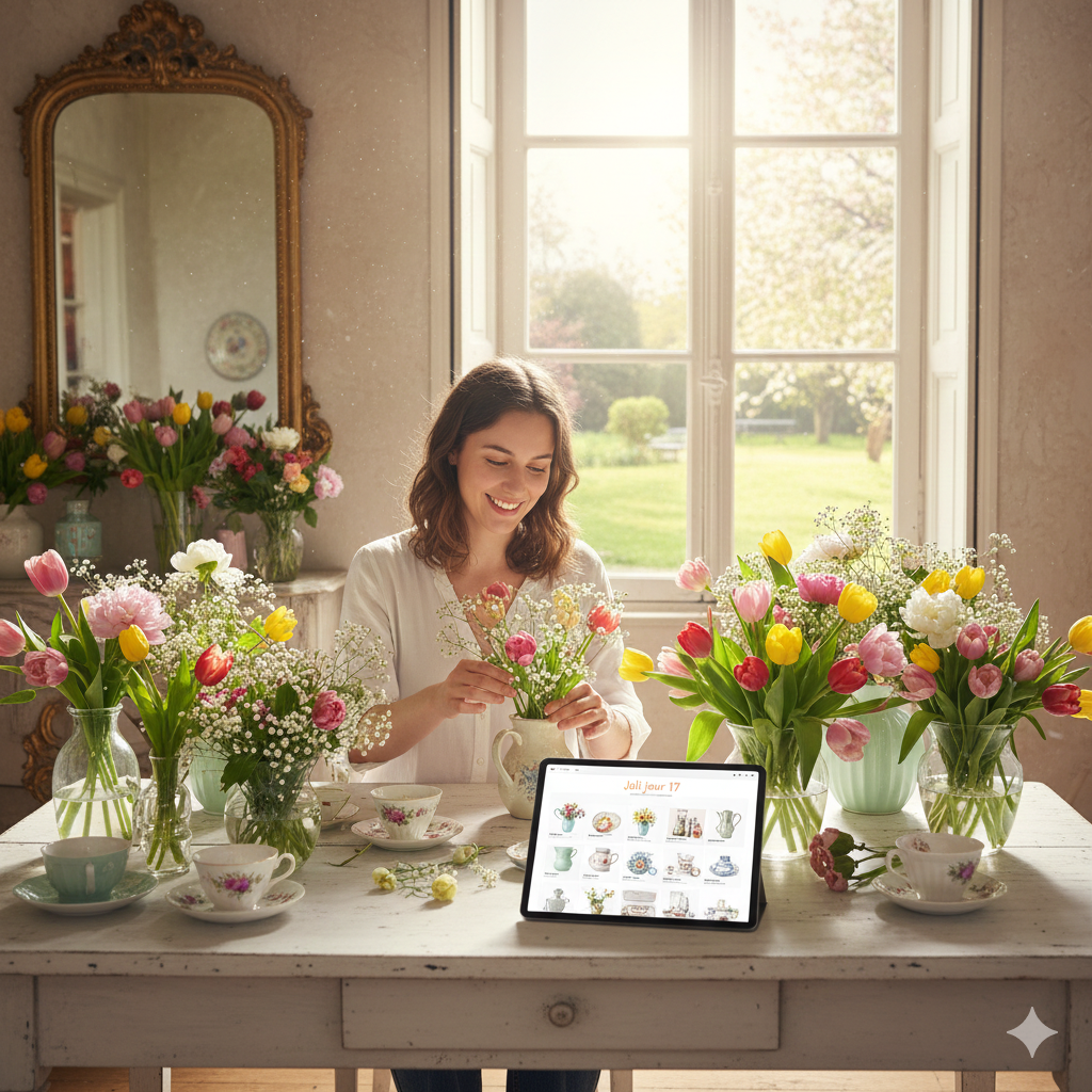Préparation de bouquets printaniers dans des vases de seconde main