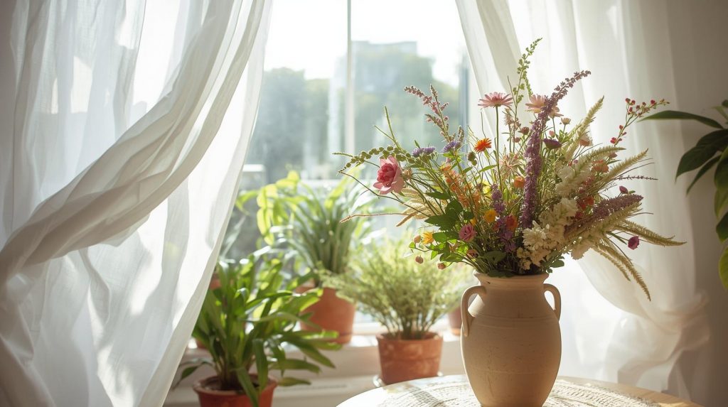 Intérieur, baie vitrée agrémentée de plantes en pot